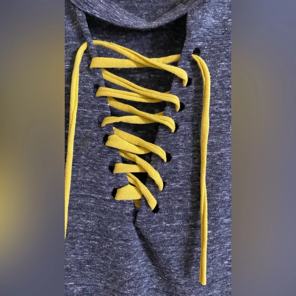BKE Charcoal Sleeveless Top with Mustard Lace-Up - Picture 3 of 8